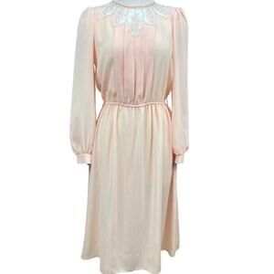 Vintage 80s Womens (M) Dress Secretary Peach Midi Office Siren Blouson Floral‎